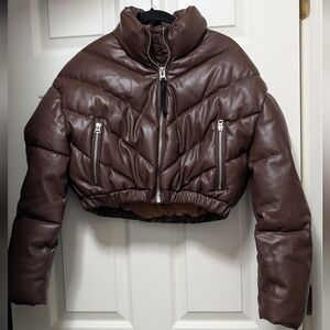 Hudson cropped chevron puffer jacket Faux Leather Vegan Size XS Brown